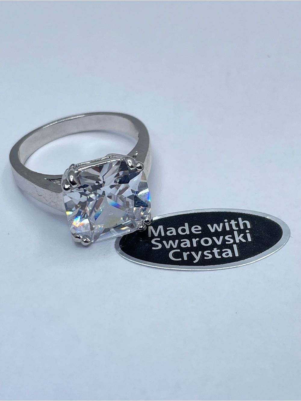 Swarovski Crystal Elements Diamond White Cushion Cut Ring Silver Sz 9 Statement